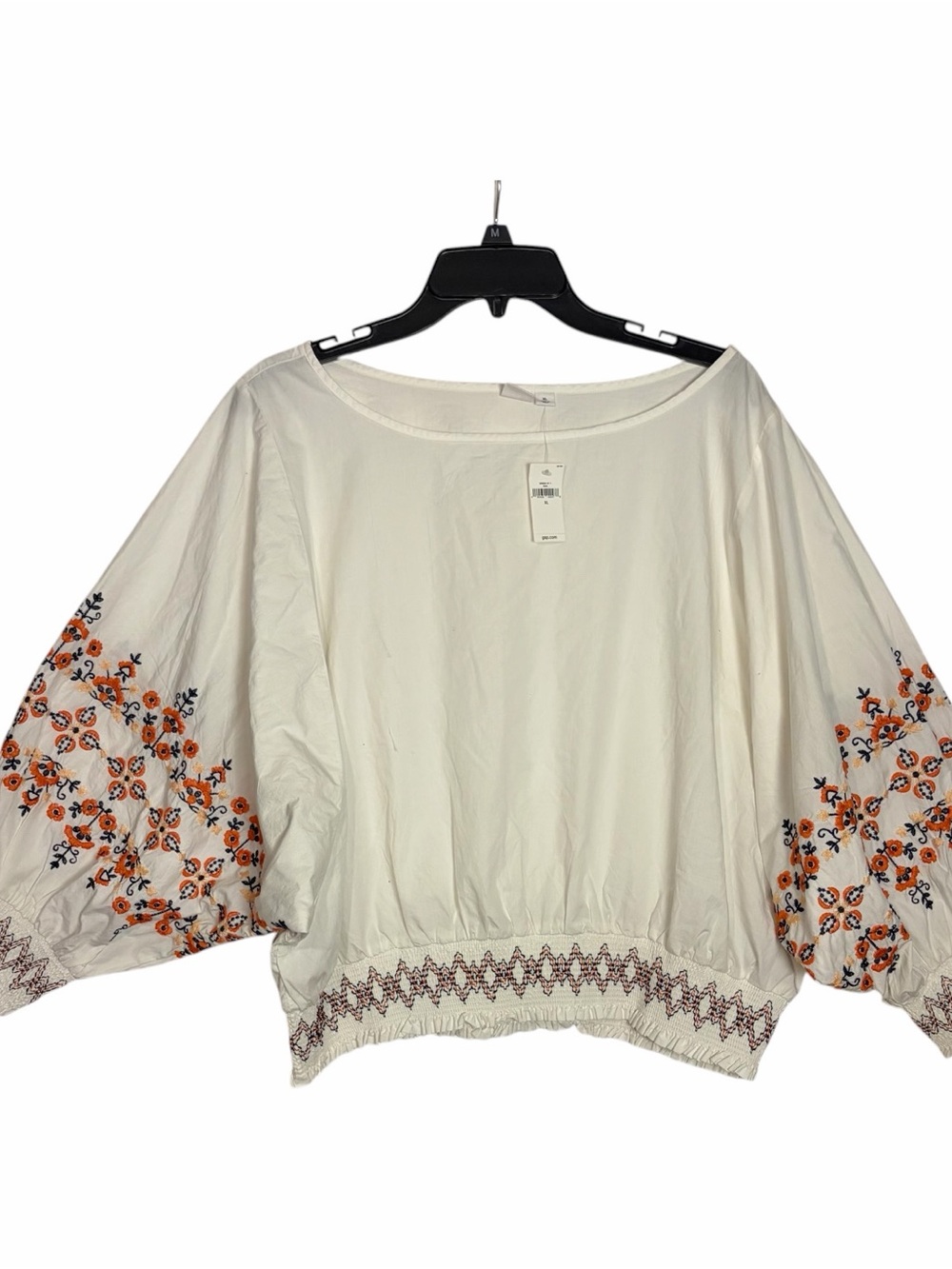 GAP Cream Peasant Blouse with Orange & Navy Floral Embroidery XL NWT